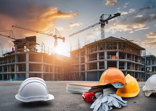 Building under construction at sunset