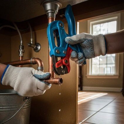 Plumber connecting copper pipe under a sink